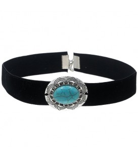 Zwarte choker met blauwe turquoise steen