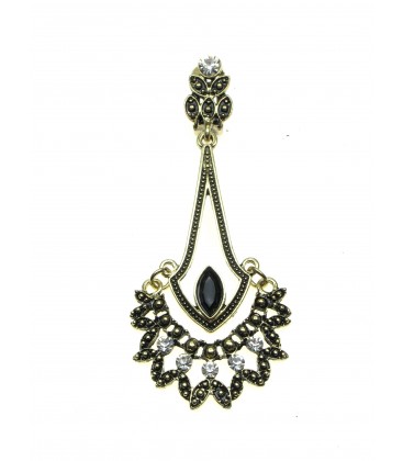 Oudgoudkleur oorclips met hanger en heldere strass steentjes