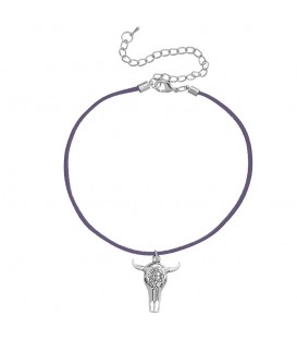Lederen grijze koordhalsketting (choker) met buffelhoofd hanger