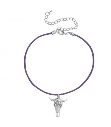 Lederen grijze koordhalsketting (choker) met buffelhoofd hanger