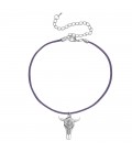 Lederen grijze koordhalsketting (choker) met buffelhoofd hanger