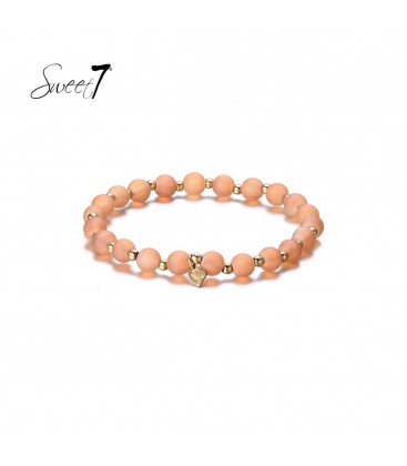 Elastische armband met ronde bruine kralen en kleine kraaltjes