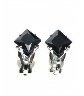 Oorclips met zwarte vierkante strass steen (6 mm) in zilverkleur zetting