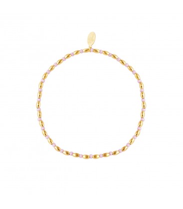 Armband met lange goudgekleurde kralen en kleine paarse kralen