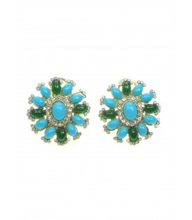 Ronde blauw met groene oorbellen in goudkleurige zetting
