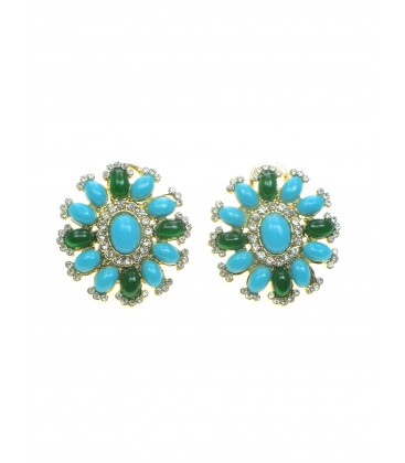 Ronde blauw met groene oorbellen in goudkleurige zetting