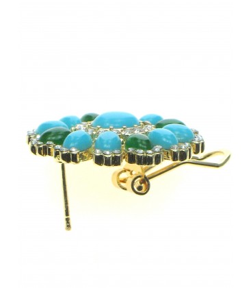 Ronde blauw met groene oorbellen in goudkleurige zetting