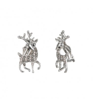 Zilverkleurige oorclips met als afbeelding een rendier en strass steentjes