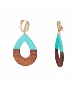 Mint groene en bruine oorclips gemaakt van resin en hout