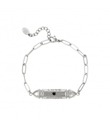 Zilverkleurige armband met kogelkraal en de tekst 'love' en 'amour'