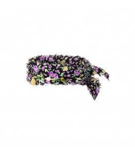 zwarte stoffen armband met paarse en gele bloemetjes