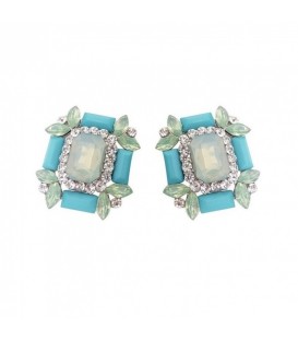 Vierkante blauwe oorclips met facet stenen en heldere strass
