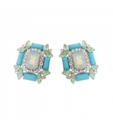 Vierkante blauwe oorclips met facet stenen en heldere strass