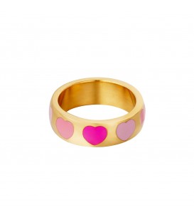 goudkleurige ring met meerdere roze hartjes (16)
