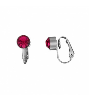 Zilverkleurige oorclips met fuchsia roze strass steen