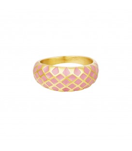 goudkleurige brede ring met roze ruitjes patroon (16)
