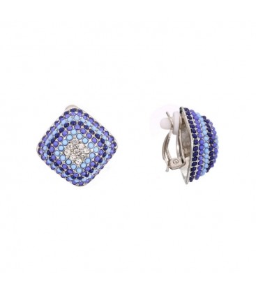 Vierkante blauwe oorclips met blauwe kraaltjes en strass steentjes