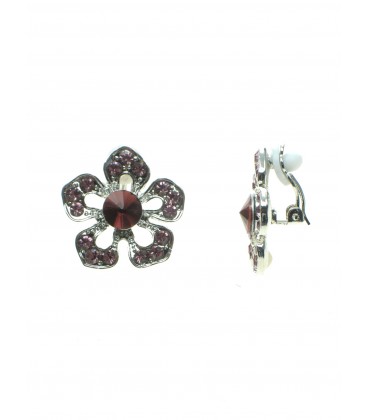 Zilverkleurige bloemvormige oorclips met paarse strass steentjes