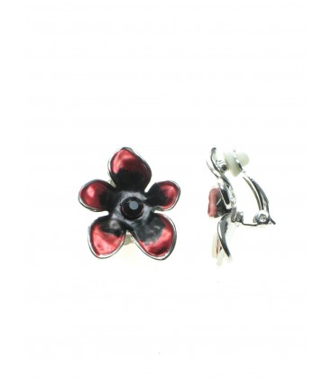 Rode bloemvormige oorclips met zwarte strass steentjes
