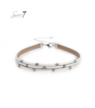 Choker ketting van wit imitatieleer met steentjes