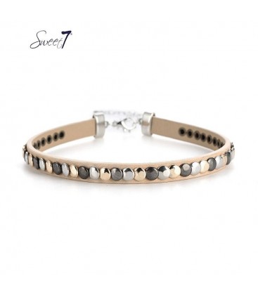 Choker ketting van beige imitatieleer met cirkeltjes