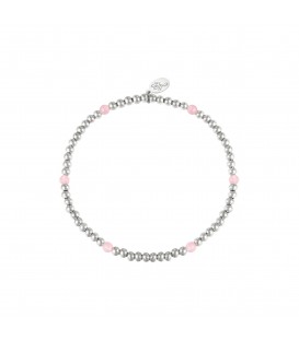 elastische armband met zilverkleurige kralen en zes roze kralen