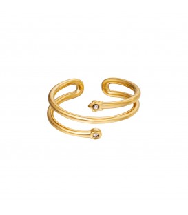 goudkleurige spiraal ring met sterretje en cirkel met zirkoonsteen