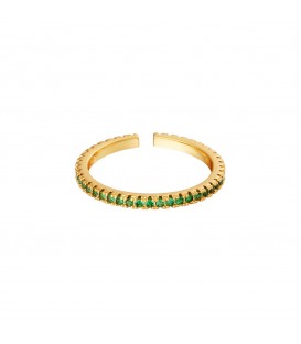 goudkleurige ring met een rij van kleine groene zirkoonsteentjes