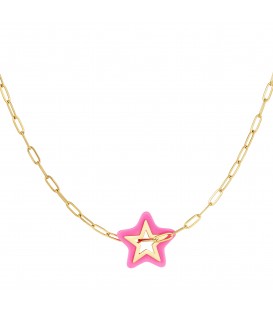 goudkleurige schakel halsketting met een roze ster bedel