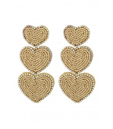 Beige oorhangers met 3 harten en strass rand