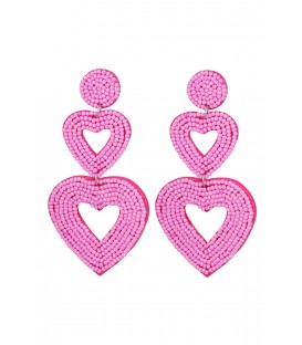 fuchsia roze glas kralen oorhangers met dubbele harten hanger