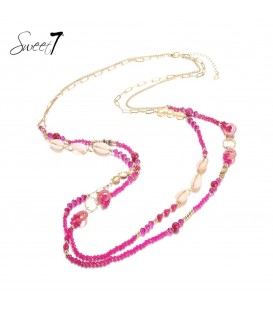 roze halsketting,lange ketting,glas kralen,schelpen,sweet7.