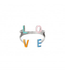Zilverkleurige verstelbare ring met het woord 'LOVE' in kleur