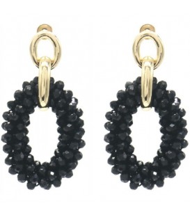 Trendy zwarte glas kralen oorhangers met goudkleurige ring - Fashion statement