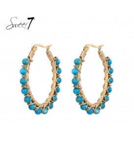 Sweet7 - Goudkleurige oorringen met blauwe kraaltjes van schelp