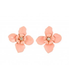 Roze bloemen oorhangers met een glas kraaltje in het hart