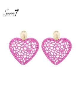 Schattige roze harten oorhangers van raffia - Sweet7