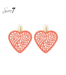 Trendy oranje harten oorhangers van raffia - Sweet7