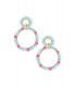 Goudkleurige oorhangers met blauw/roze glas kralen