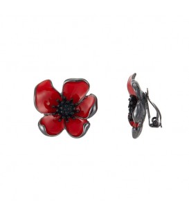 Rode bloem oorclips met een zwart hart