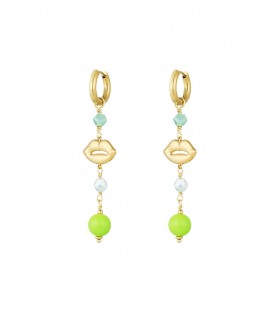 Goudkleurige oorhangers met blauwe glas kralen en lippen bedel