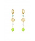 Goudkleurige oorhangers met blauwe glas kralen en lippen bedel