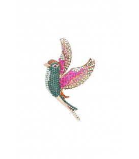 Groen met roze gekleurde broche in de vorm van een vogel gevuld met strass steentjes