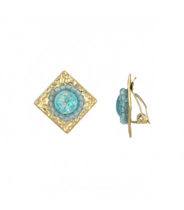 Oorclips goudkleurig met een blauw steentje en krisstallen steentjes rondom