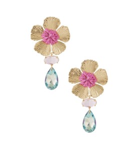 Gekleurde oorhangers met een goudkleurige bloem als oor stukje
