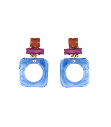 Blauwe oorclips met een roze en oranje glas steentje