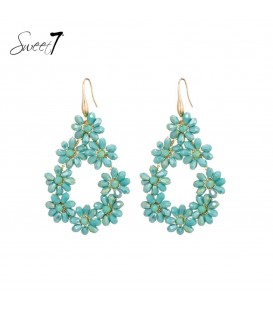 Turquoise bloemen oorhangers van glas steentjes