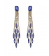 Goudkleurige lange oorclips met blauwe en heldere glas steentjes