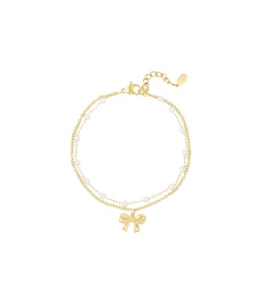 Goudkleurige dubbele armband met imitatie parel en een strik als bedel