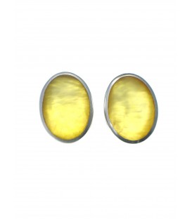 Oorclips met gele ovale steen in zilverkleurige rand